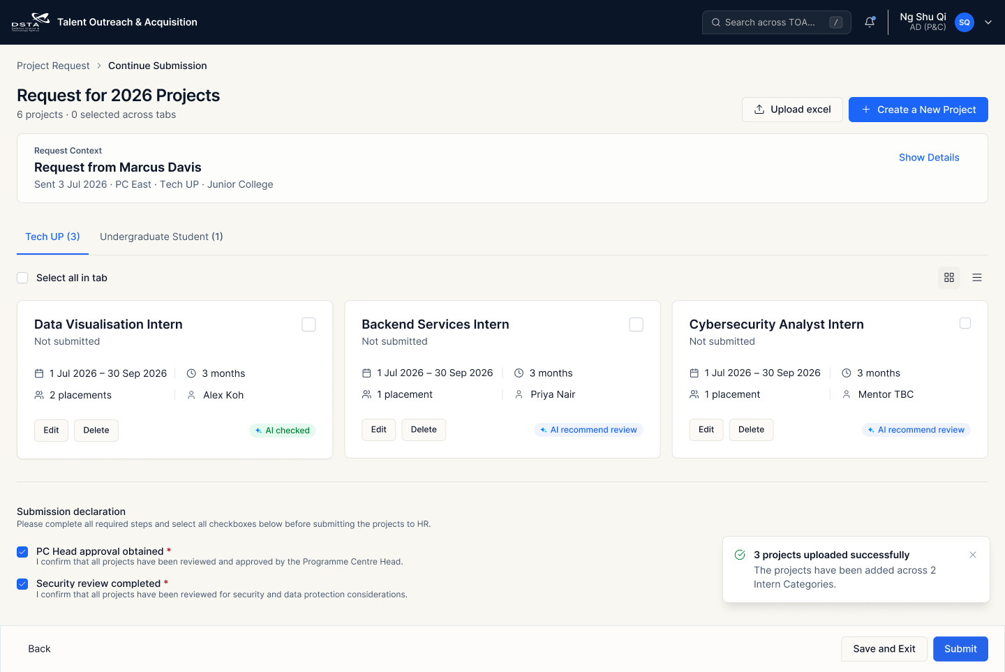 AD P and C project submission page before the reviewed updates